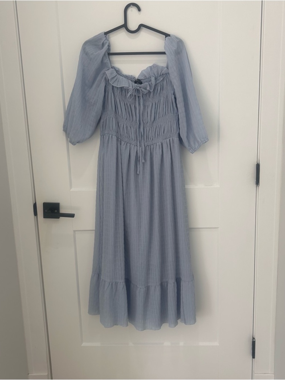 Powder Blue Smocked Midi Dress with Tie Neck - SHEIN